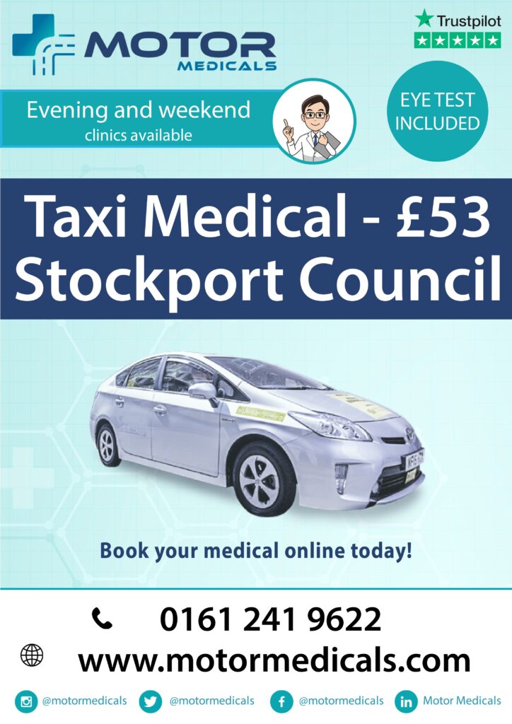 Leaflet advertising Stockport Council Taxi Medical for Stockport at £53 by Motor Medicals.