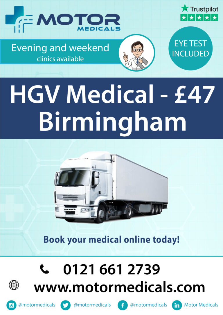 Leaflet showcasing HGV Medical offer for Birmingham at £47 by Motor Medicals