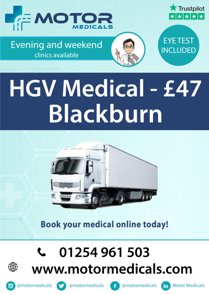 Leaflet displaying HGV/D4/Driver Medical offer for Blackburn at £47 by Motor Medicals.