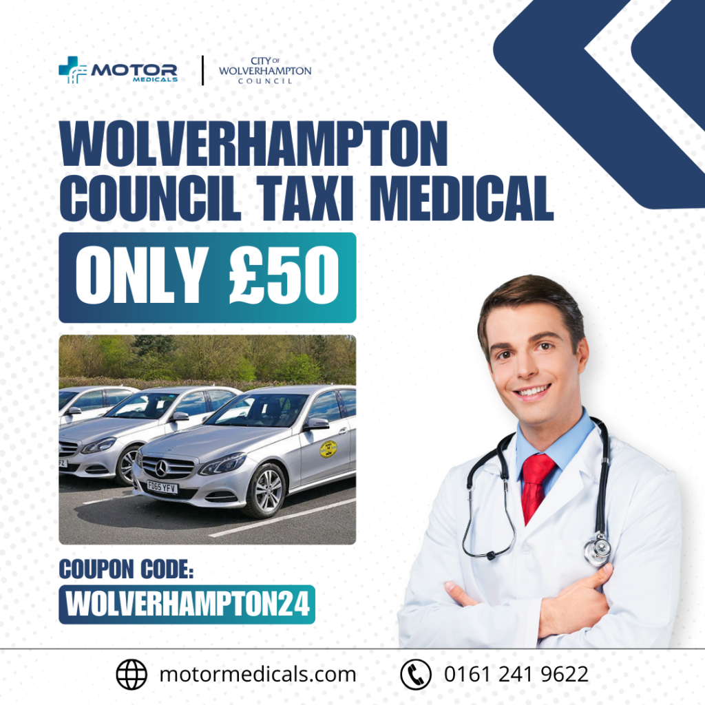 Motor Medicals Limited leaflet featuring special £50 offer on Wolverhampton taxi medical