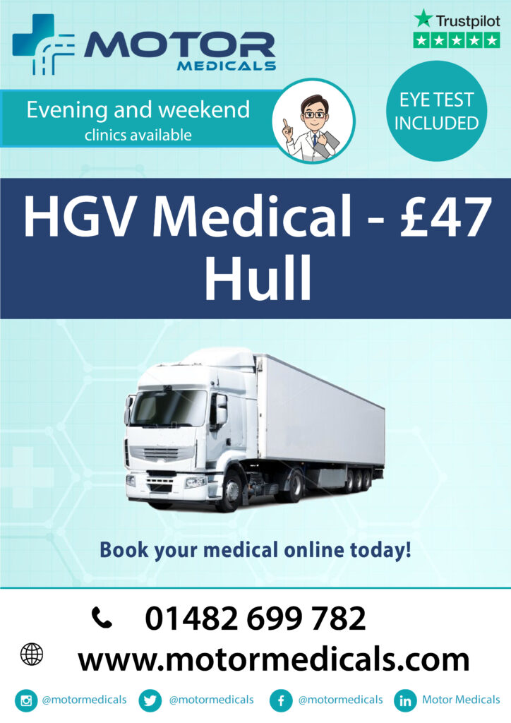 Motor Medicals Hull Clinic - D4, Taxi, LGV, PCV, Lorry, and C1 Medicals by GMC Registered Doctors - HGV Medical only £47 - 5-star rated service