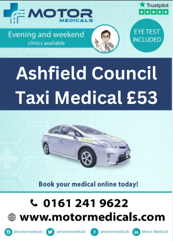 Image of a poster promoting Motor Medicals' Ashfield Taxi Medical service for £53, featuring their website URL, phone number, and social tags.