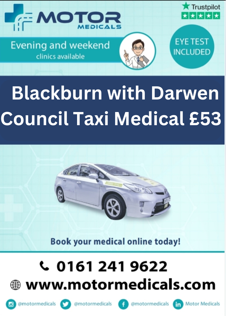 Image displaying Motor Medicals' poster advertising Blackburn Taxi Medicals for £53, featuring website URL, phone number, and social tags.