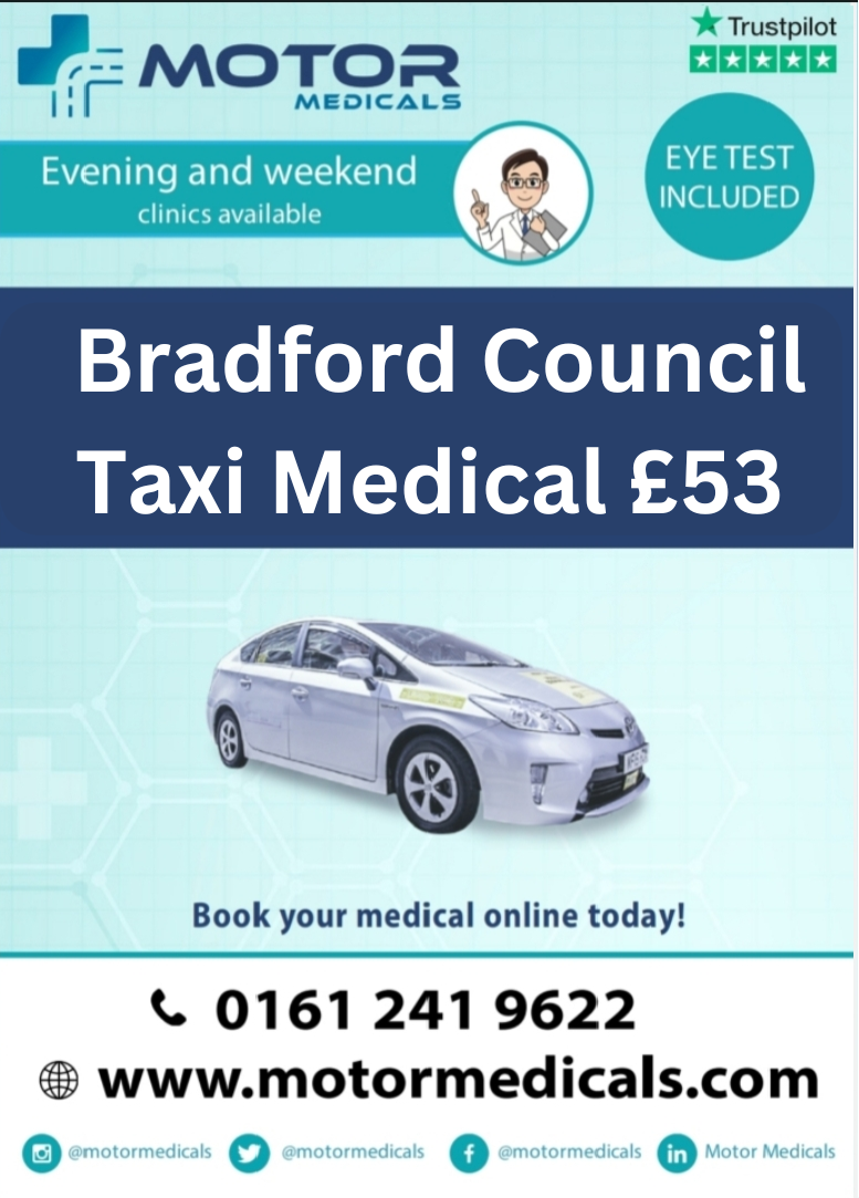 Image displaying Motor Medicals' poster advertising Bradford Taxi Medicals for £53, featuring website URL, phone number, and social tags.