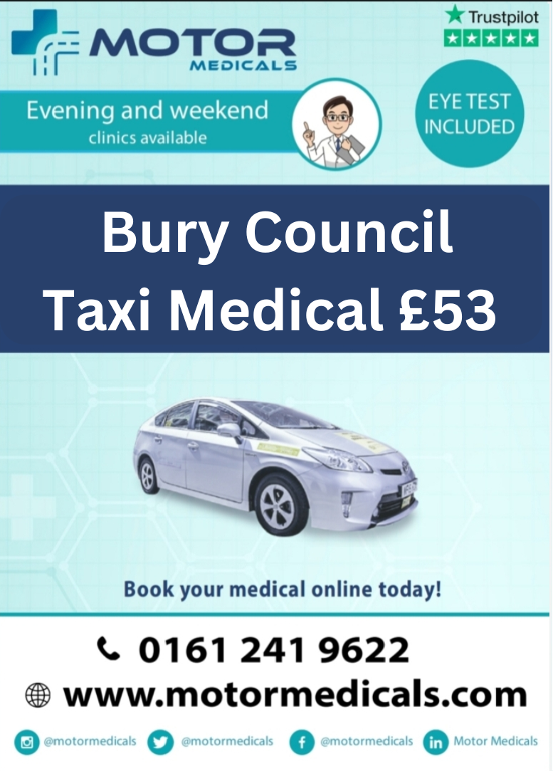 Image showcasing Motor Medicals' poster advertising Bury Taxi Medicals for £53, displaying website URL, phone number, and social tags.