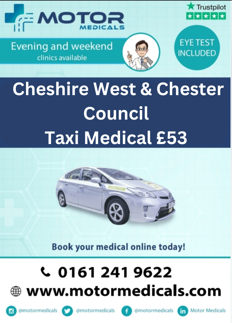 Image displaying Motor Medicals' poster advertising Cheshire West and Chester Council Medicals for £53, featuring website URL, phone number, and social tags.