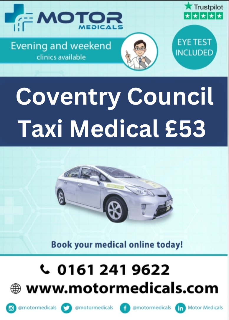 Image showing Motor Medicals' poster advertising Coventry City Council Medicals for £53, featuring website URL, phone number, and social tags.