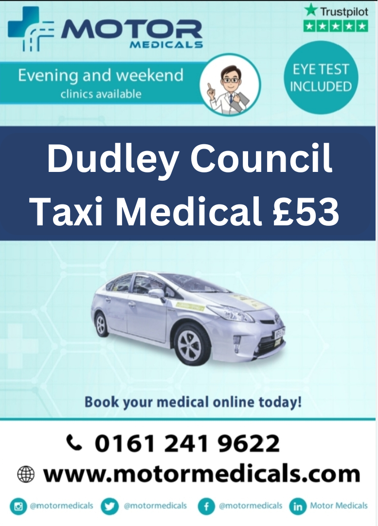 Image displaying Motor Medicals' poster advertising Dudley Council Medicals for £53, featuring website URL, phone number, and social tags.