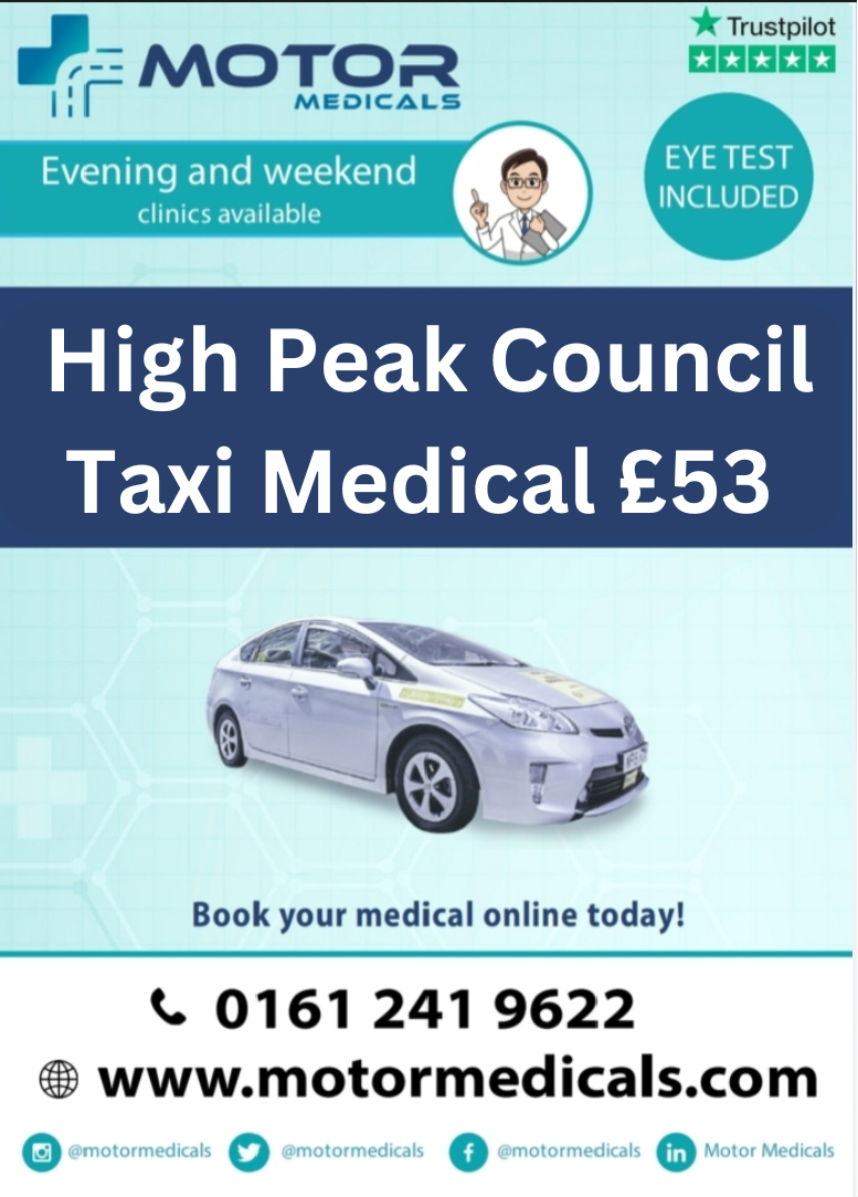Image displaying Motor Medicals' poster advertising High Peak Council Medicals for £53, featuring website URL, phone number, and social tags.