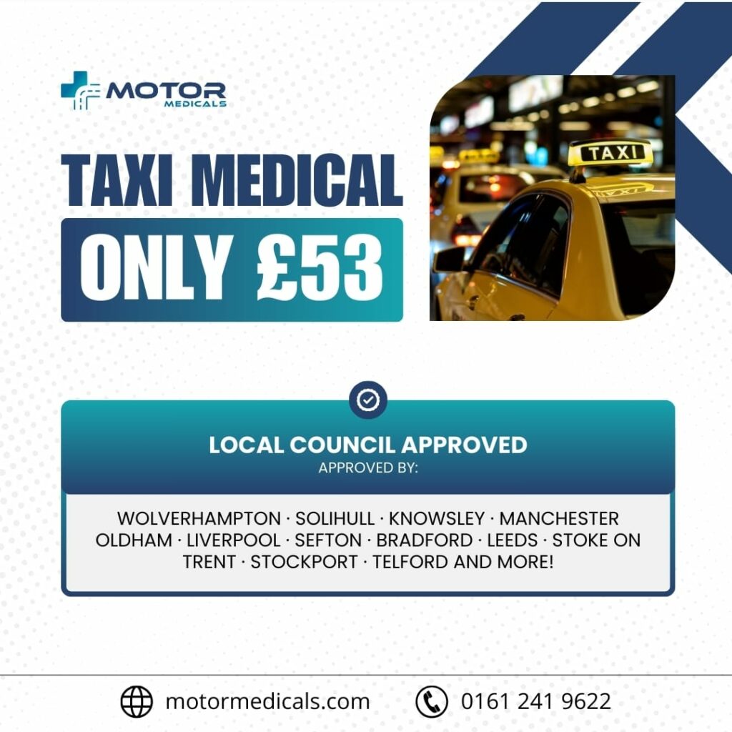 Image of poster promoting Oldham Taxi Medicals by Motor Medicals