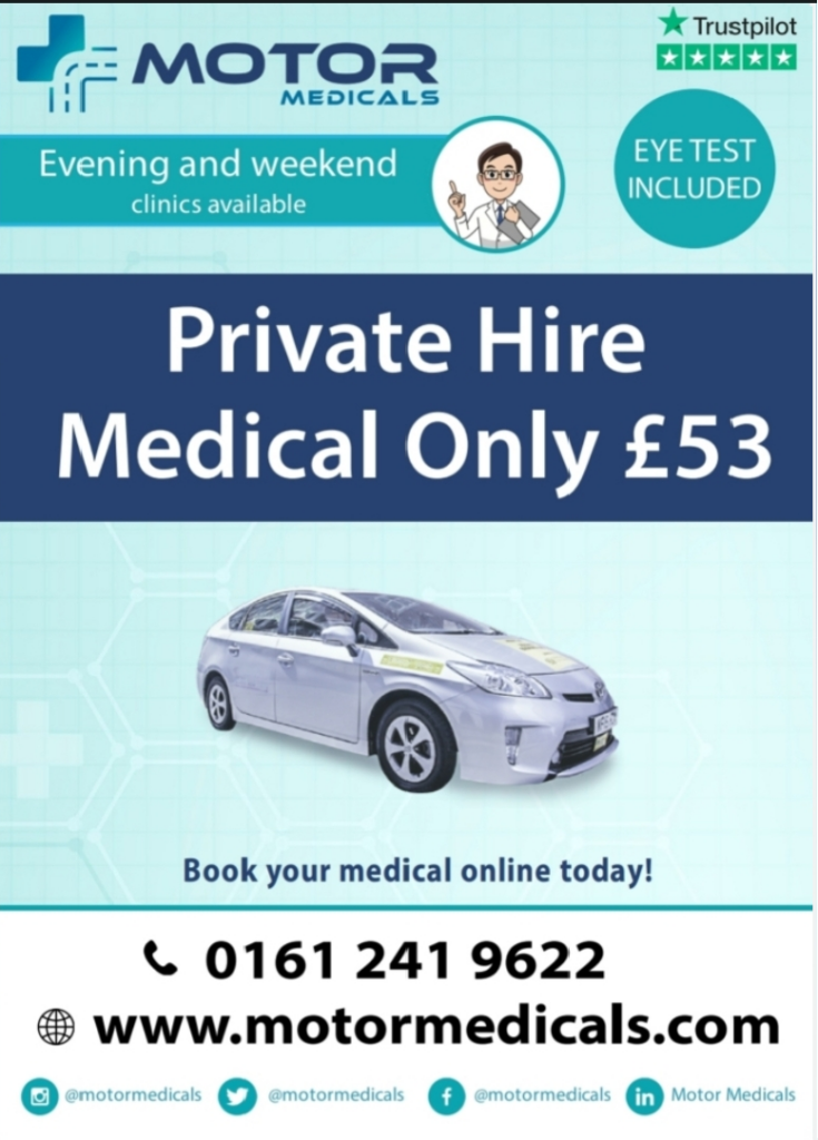 Leaflet displaying Oldham taxi medical services by Motor Medicals