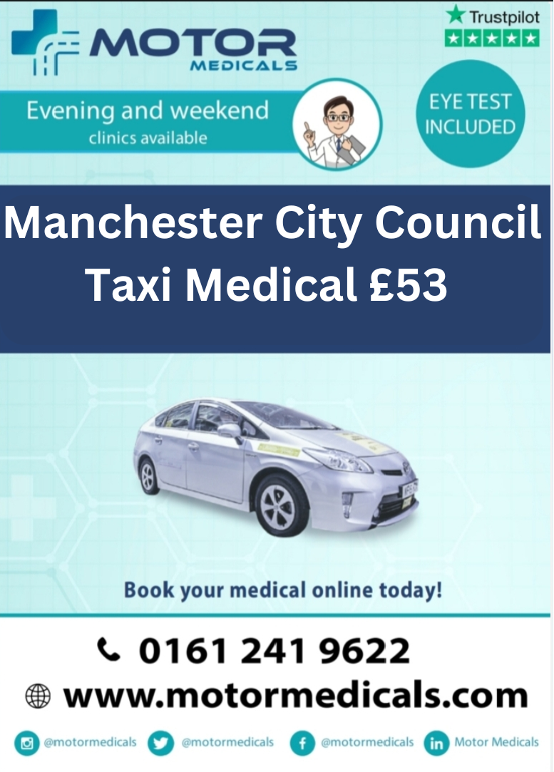 Image displaying Motor Medicals' poster advertising Manchester City Council Medicals for £53, featuring website URL, phone number, and social tags.