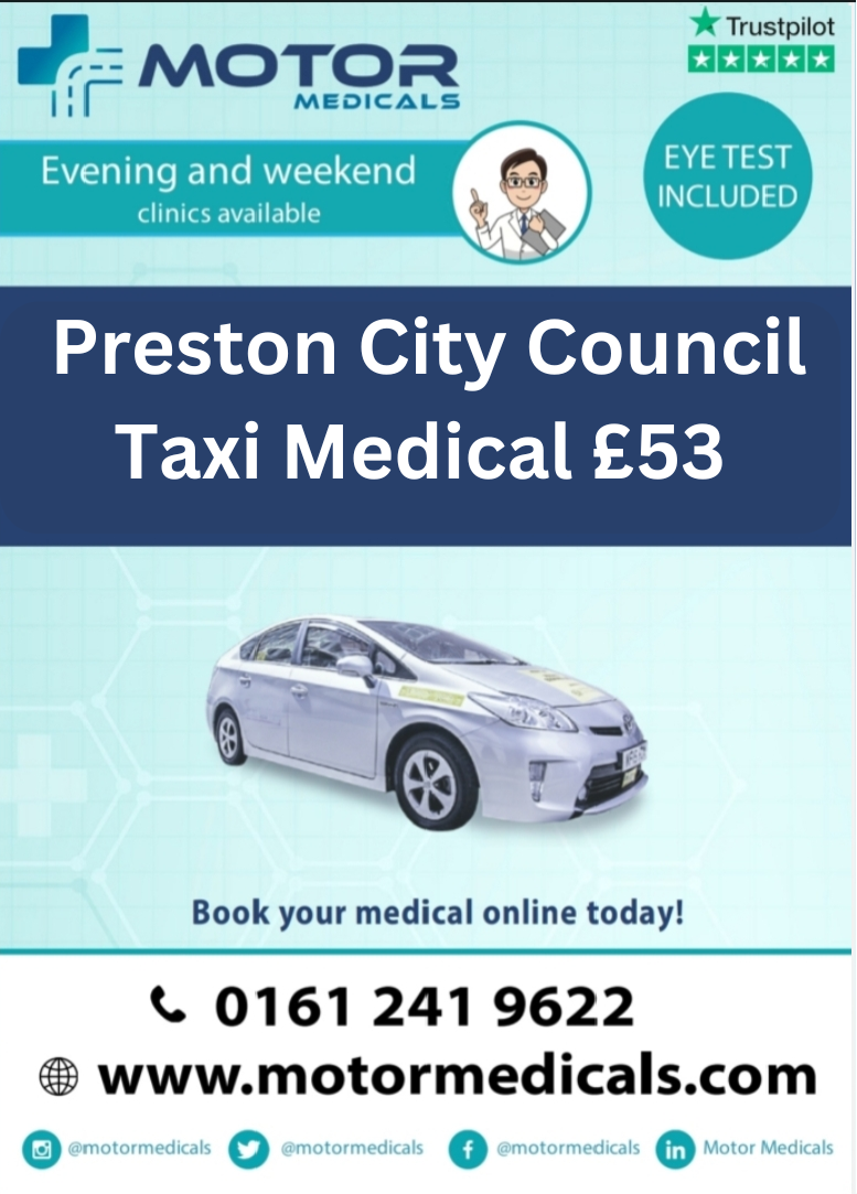Image displaying Motor Medicals' poster advertising Preston City Council Medicals for £53, featuring website URL, phone number, and social tags.