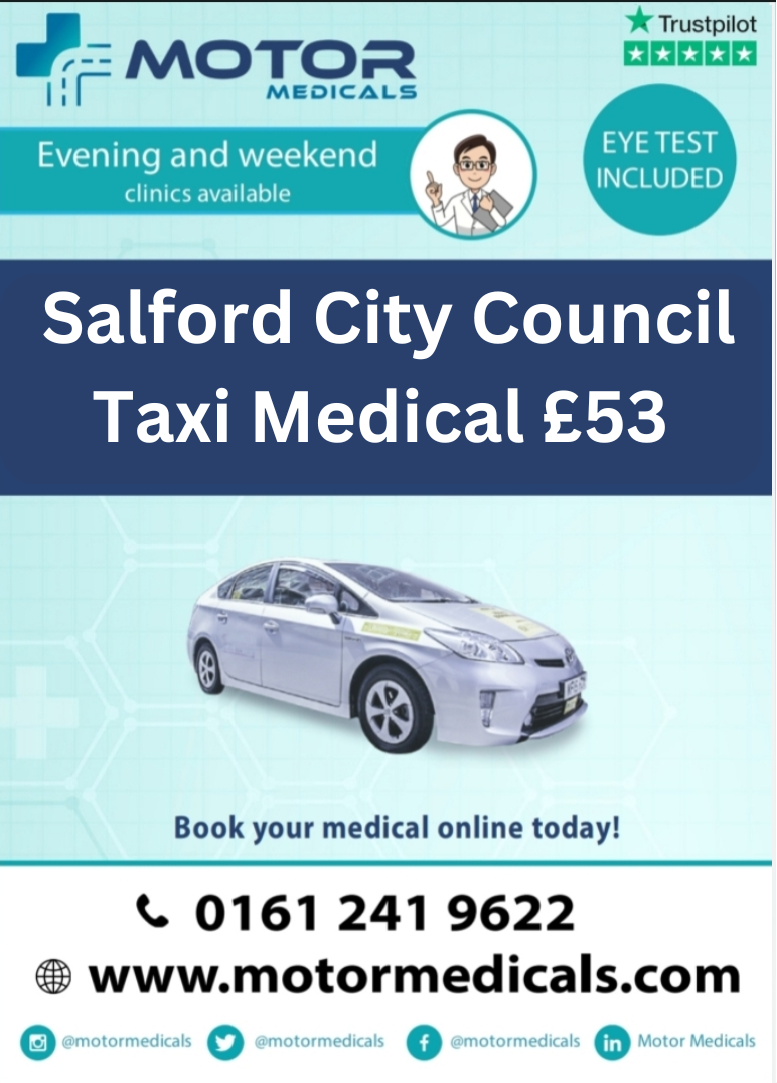 Image displaying Motor Medicals' poster advertising Salford City Council Medicals for £53, featuring website URL, phone number, and social tags.