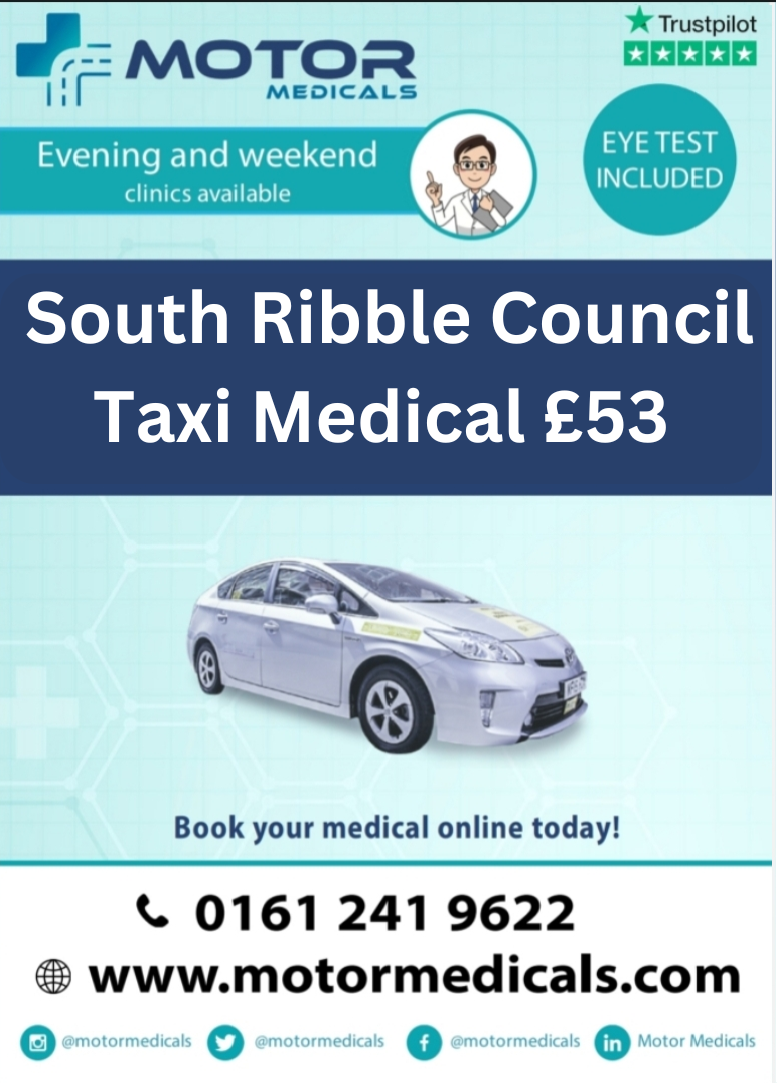Image displaying Motor Medicals' poster advertising South Ribble Council Medicals for £53, featuring website URL, phone number, and social tags.