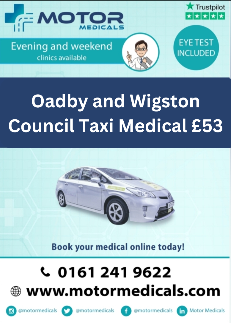 Image displaying Motor Medicals' poster advertising Oadby and Wigston Council Medicals for £53, featuring website URL, phone number, and social tags.