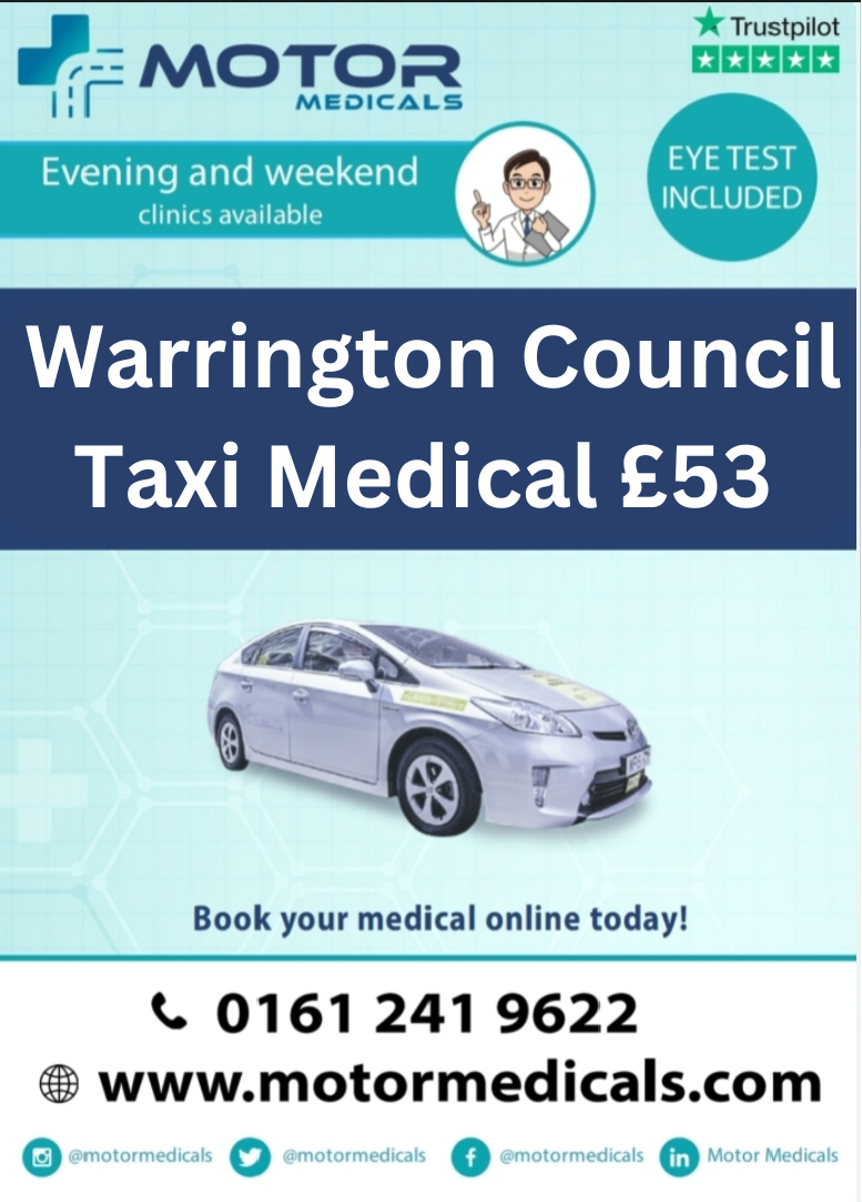 Image displaying Motor Medicals' poster advertising Warrington Council Medicals for £53, featuring website URL, phone number, and social tags.