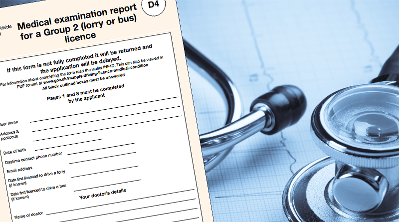 D4 medical examination report form with stethoscope for HGV and bus licence