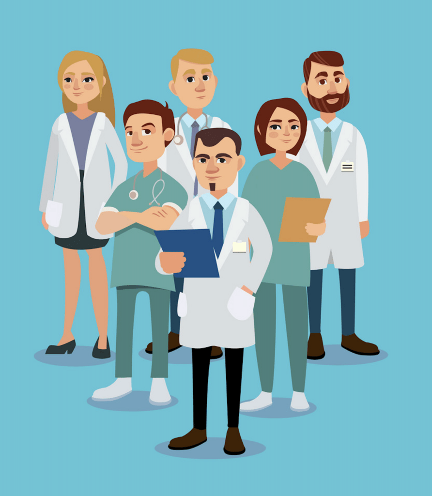Illustration of cartoon doctors, representing the importance of medical care and safety in firearm handling, featured on our firearm medicals blog.
