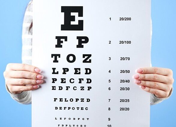 Someone holding a snellen chart used for eye test