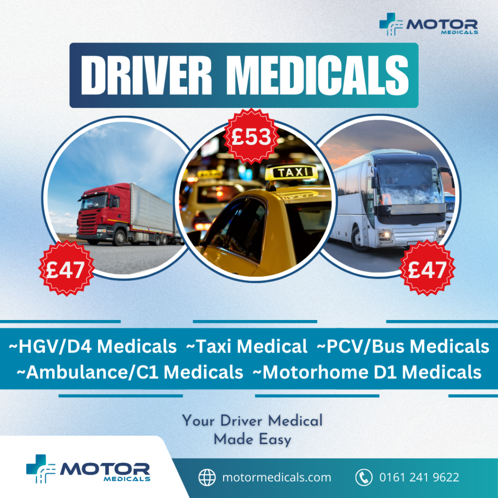 Motor Medicals offers driver medicals for Taxi, HGV, PCV/Bus, Motorhome and more. Call 0161 241 9622 to book.