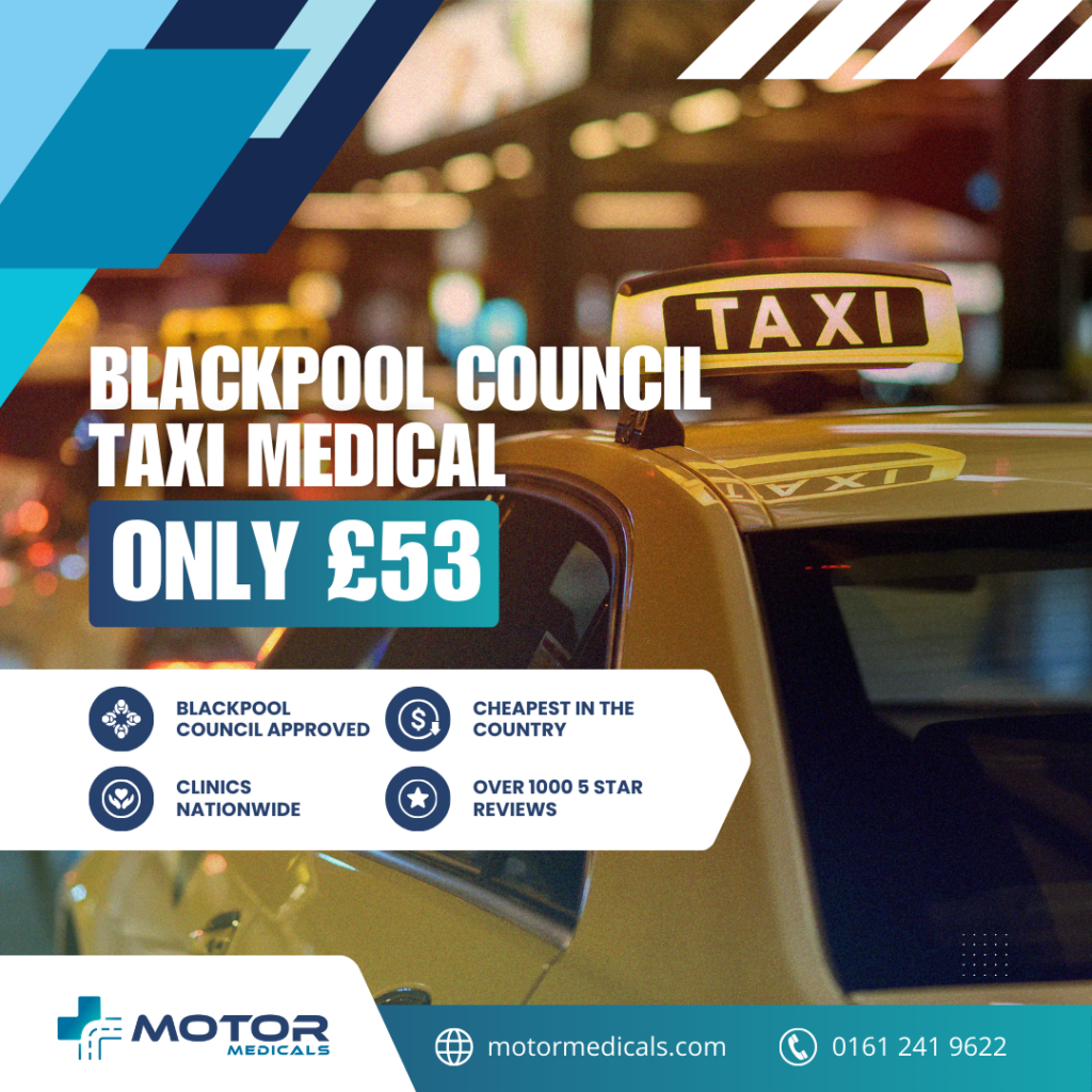 Leaflet displaying Blackpool Council Taxi Medical offer for Blackpool at £53 by Motor Medicals