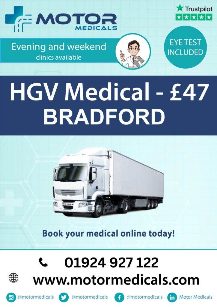 Leaflet displaying HGV/D4/Driver Medical offer for Bradford at £47 by Motor Medicals