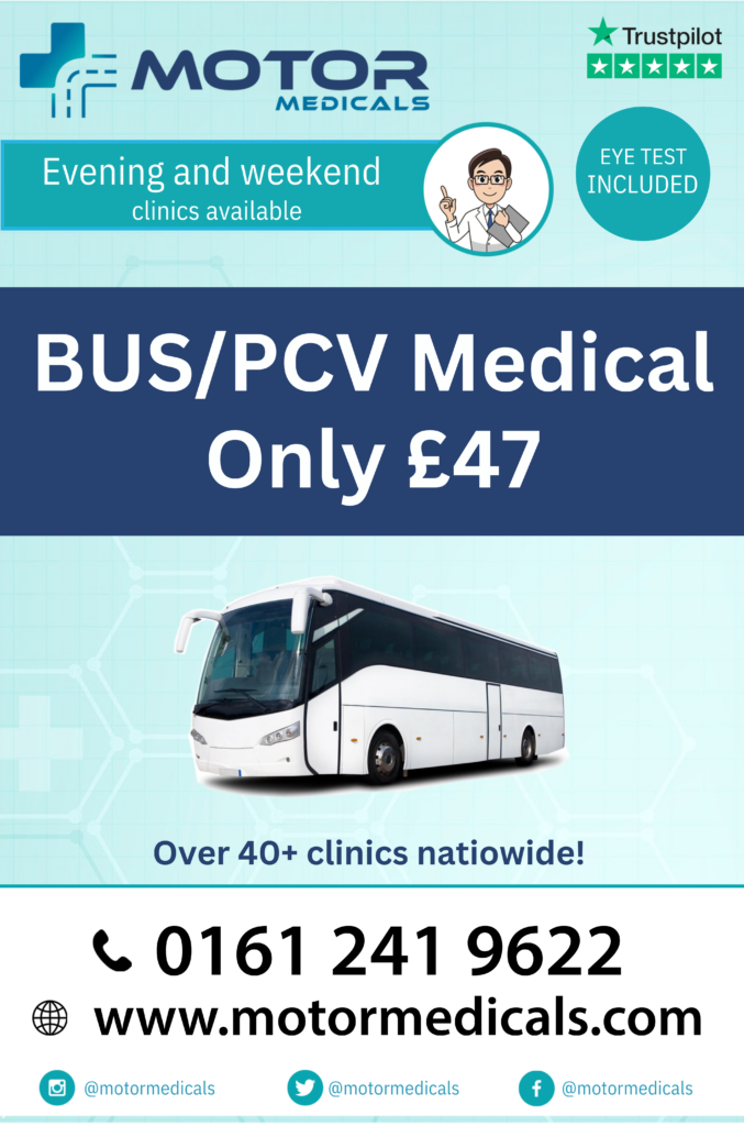 Stockport clinic offers PCV bus driver medicals for just £47, including eye tests, with evening and weekend availability.