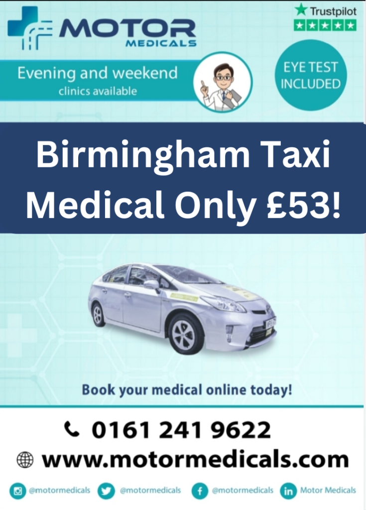 Book your taxi medical at MotorMedicals Birmingham for £53, call 0121 661 2739 or book online, clinic in Hall Green