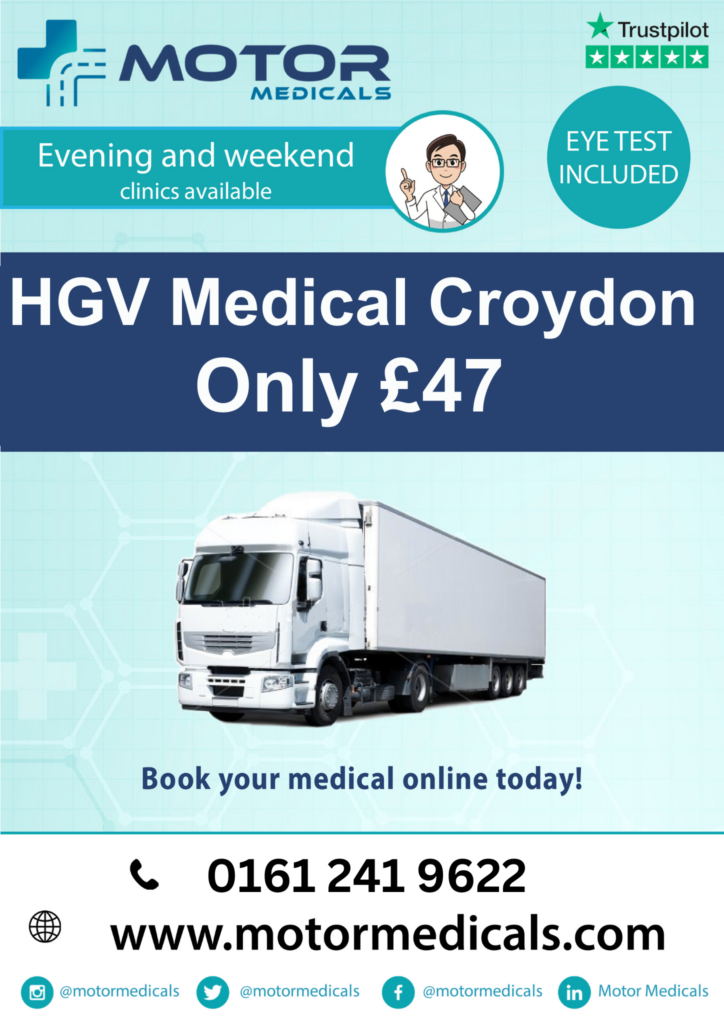 HGV medicals at Motor Medicals Croydon – DVLA approved with D4 forms and eye test included.