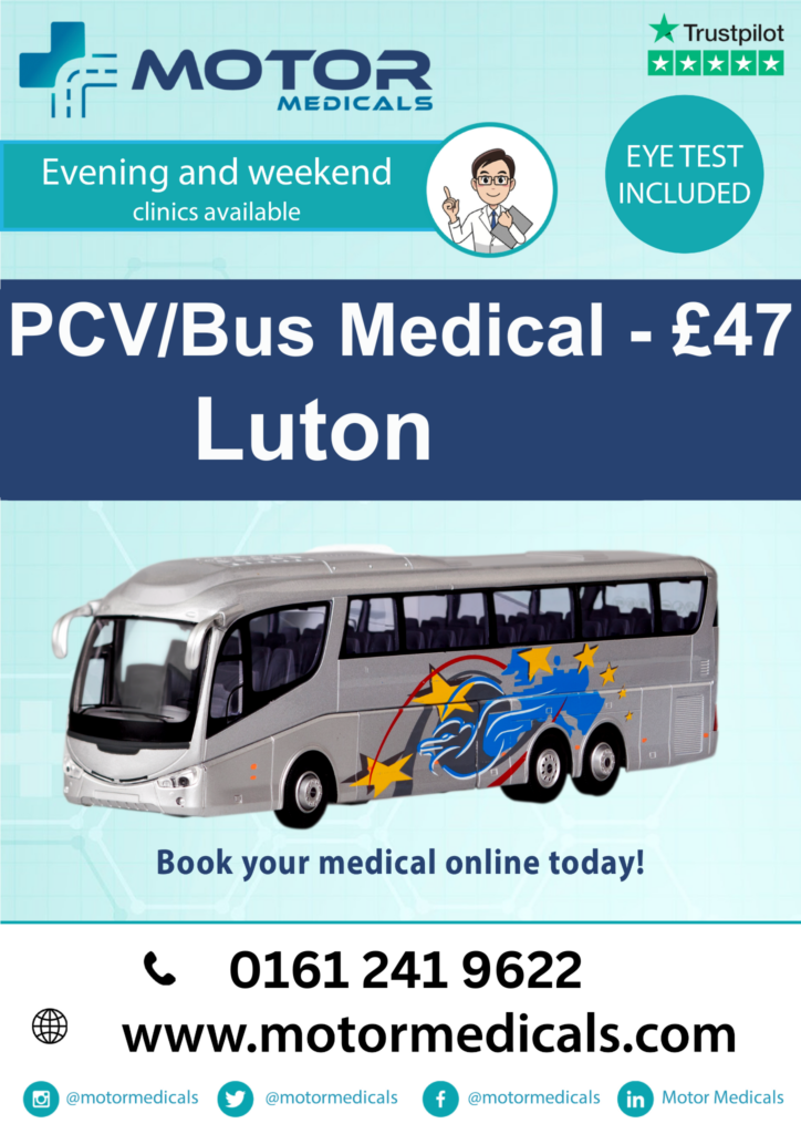 Affordable PCV bus medicals at MotorMedicals Luton clinic, DVLA approved, book now."