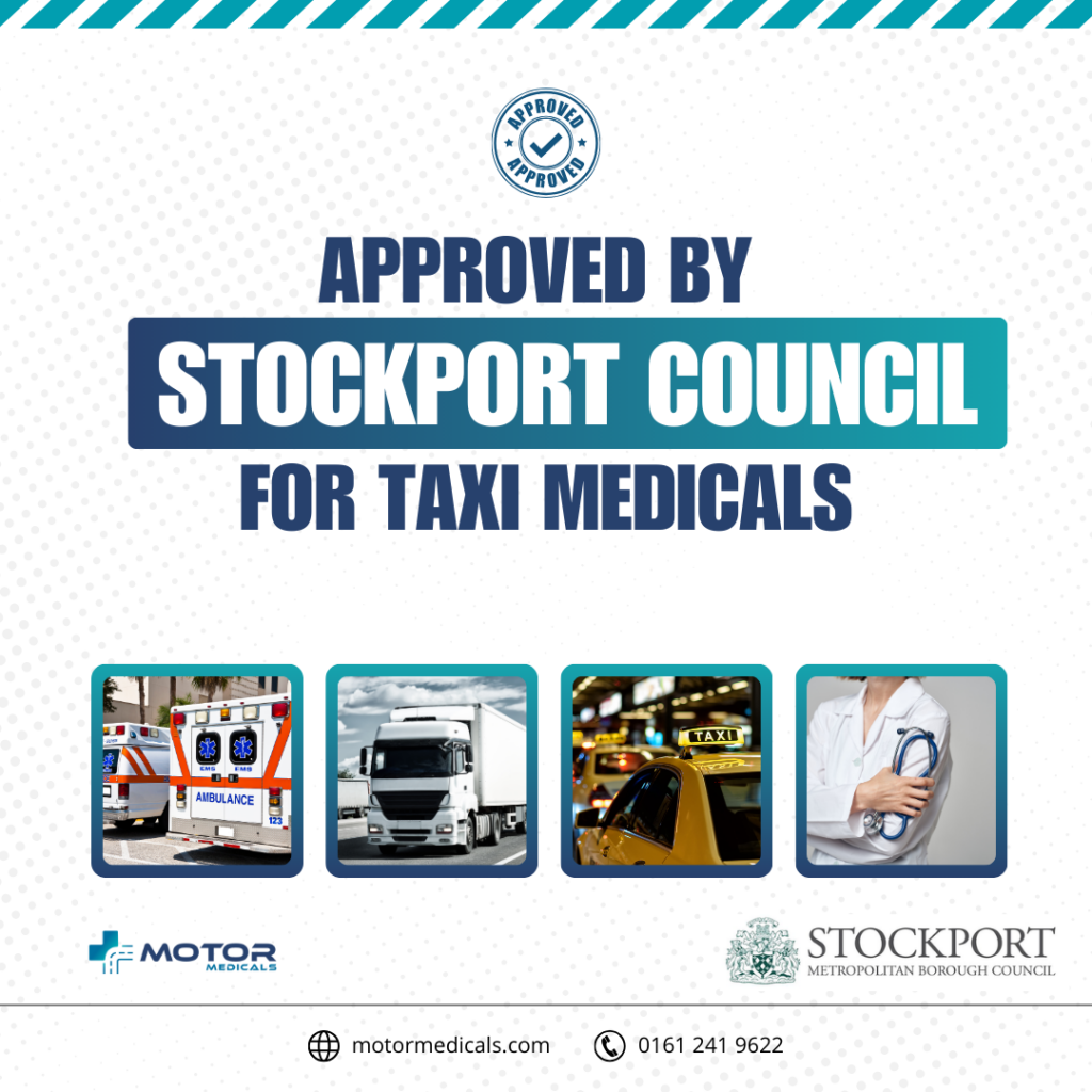 Promotion for Stockport taxi medicals with MotorMedicals, only £53, includes eye test, call 0161 241 9622