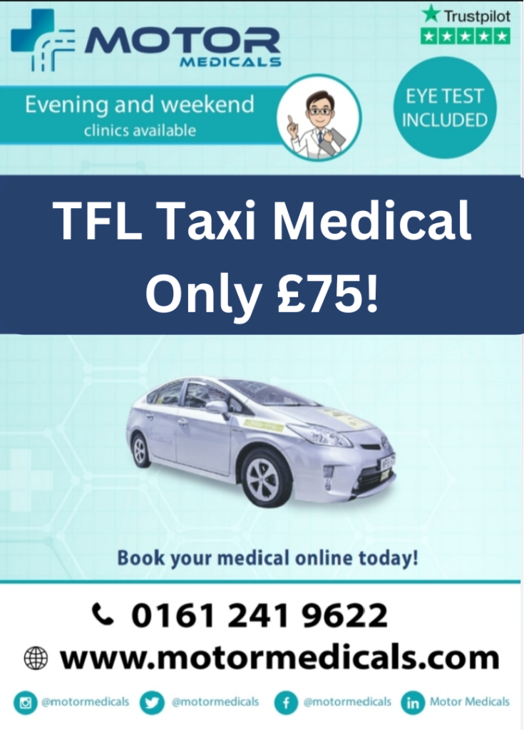 Photo of poster advertising TFL Council taxi medicals for £75 by Motor Medicals