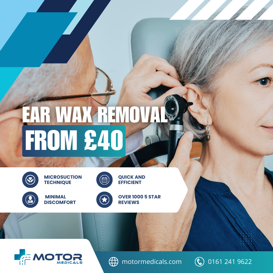 Professional ear wax removal with microsuction at MotorMedicals, starting at £40.