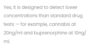 Drug test detection levels information for mobile