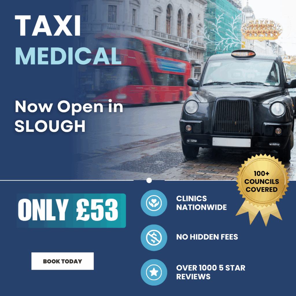 Taxi driver medicals in Slough with Motor Medicals from £53. Book now online or call 0161 241 9622.