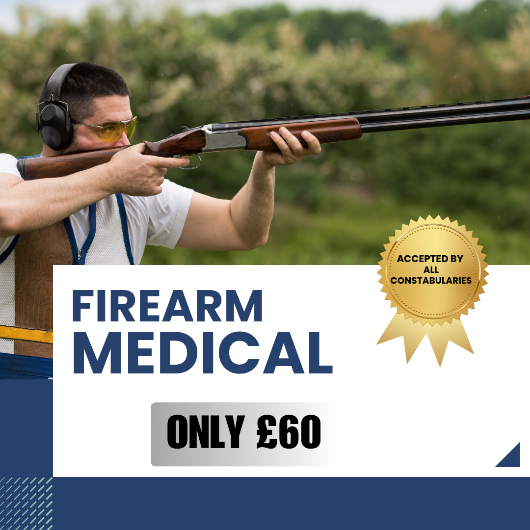 Doctor reviewing firearm medical form for shotgun or firearm licence at Motor Medicals – book at motormedicals.com or call 0161 241 9622 firearm medicals from £75