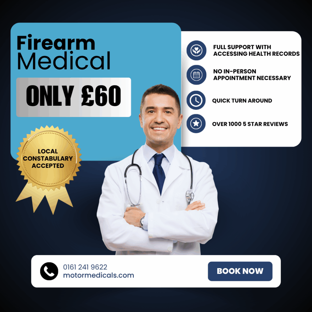 Doctor completing firearm medical certificate for UK firearm licence at Motor Medicals – motormedicals.com call 0161 241 9622 firearm medical £75