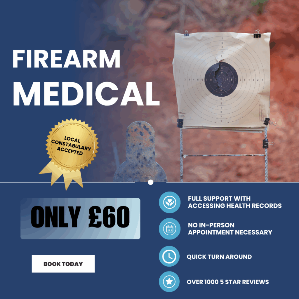 Doctor reviewing firearm medical form for shotgun or firearm licence at Motor Medicals – book at motormedicals.com or call 0161 241 9622 firearm medicals from £75