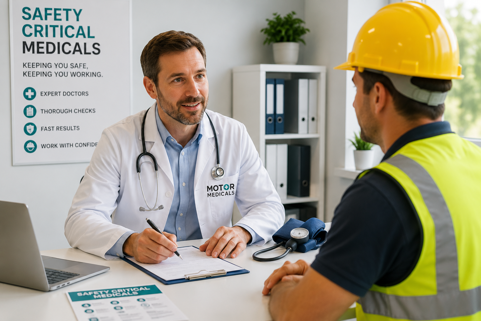 Doctor completing Safety Critical Medical assessment with construction worker