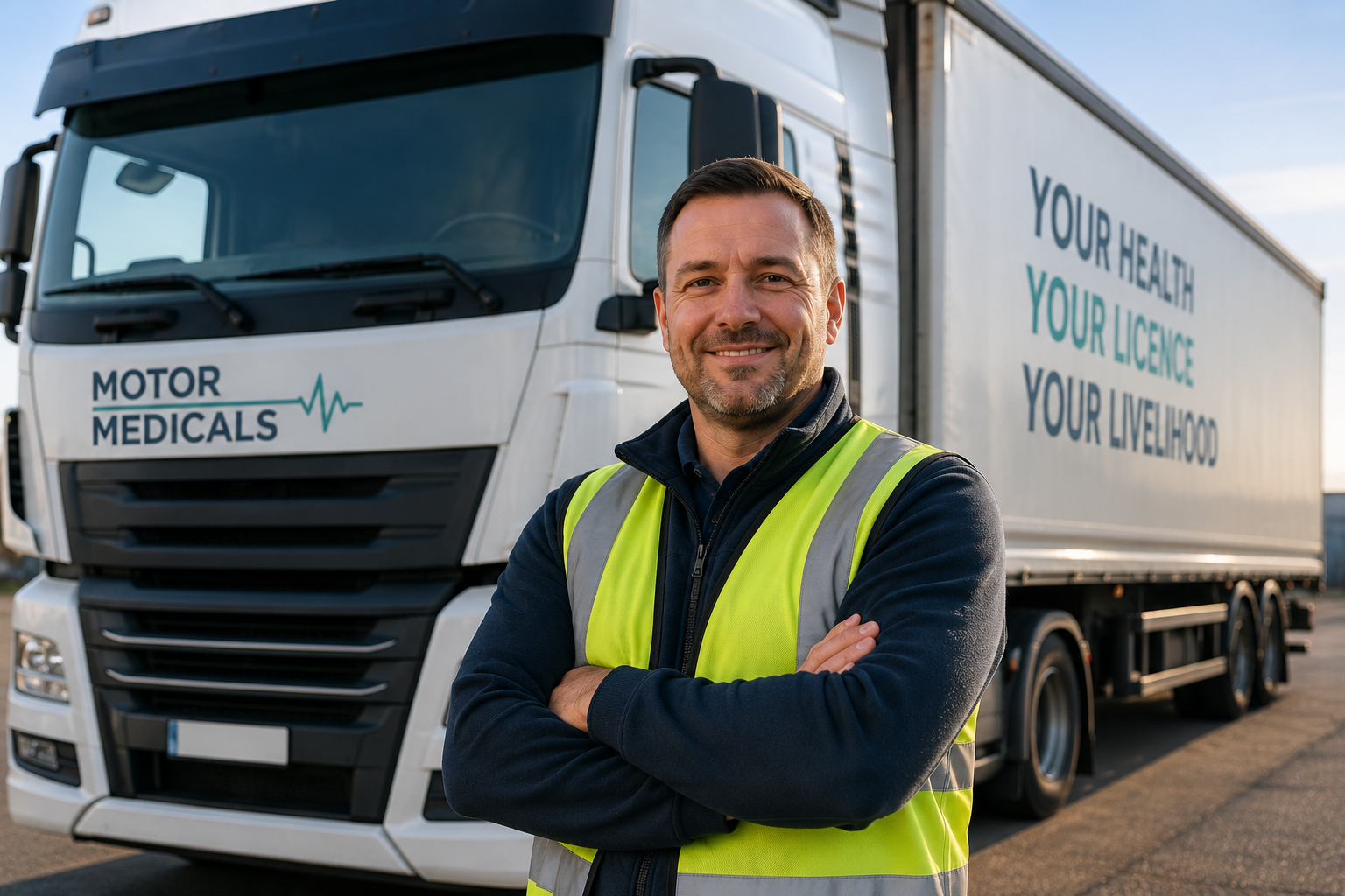 HGV driver standing in front of lorry for HGV medical guide