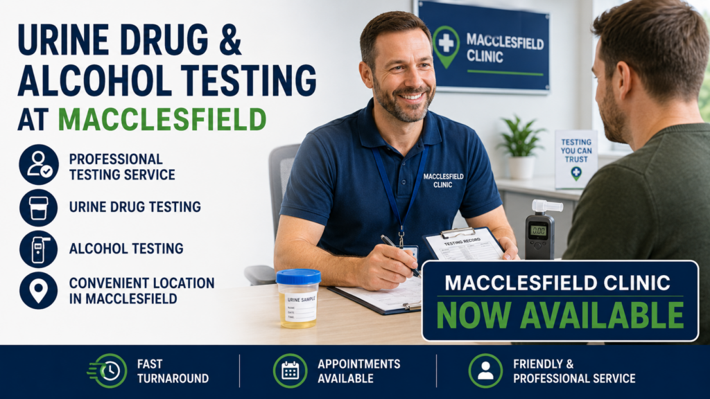 Macclesfield urine drug and alcohol testing from £70 at Motor Medicals. Book online at motormedicals.com or call 0161 241 9622.