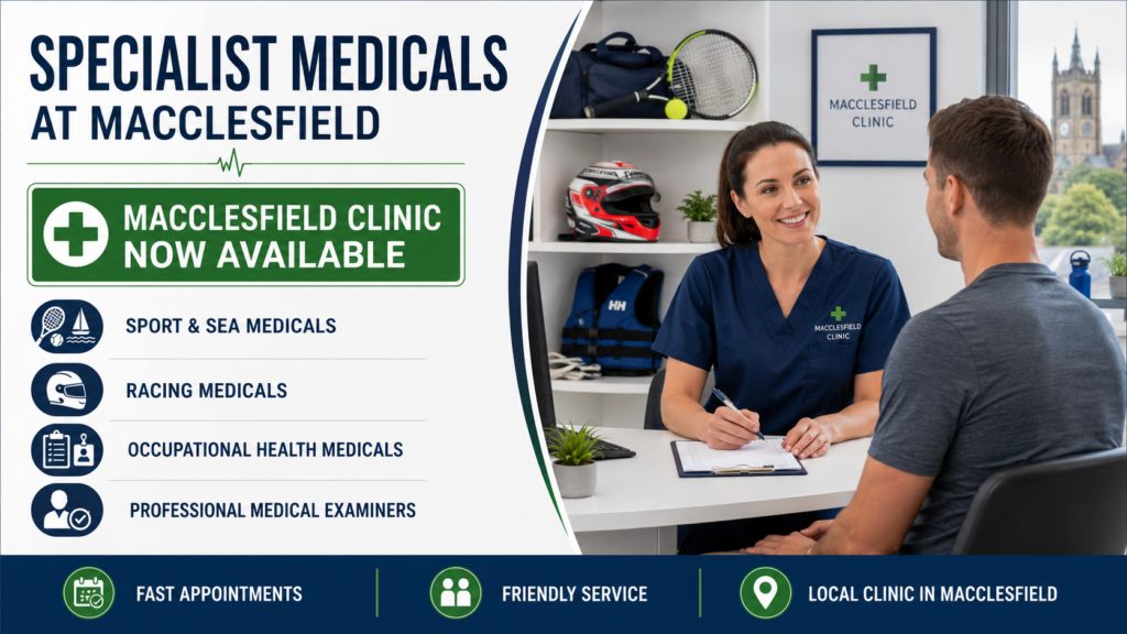 Macclesfield specialist medicals including sports, seafarer and occupational health medicals at Motor Medicals. Book online at motormedicals.com or call 0161 241 9622.